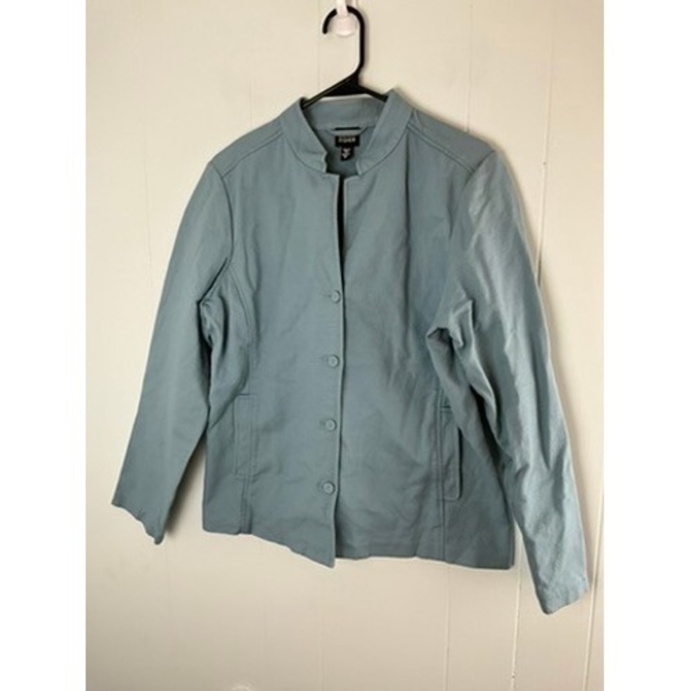Eileen Fisher Womens Light Blue Textured Cotton Button Front Jacket Size M